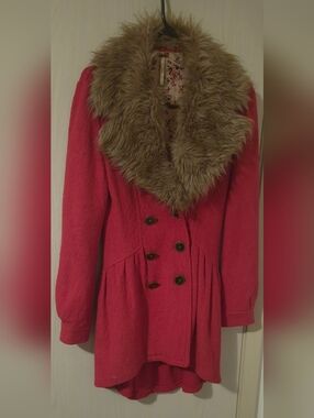 Free People Faux Fur Collar Coat Red (2)